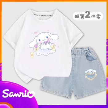 Sanrio T-Shirts+Shorts Jeans De 2 Peças Anime Kuromi Melodia Cinnamoroll Verão Crianças Kawaii Cartoon Roupas Casuais Conjuntos De Menina Criança