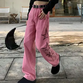 Streetwear cor-de-Rosa Jeans Mulher coreano Moda Denim Y2k Roupas Vintage das Mulheres Calças de Perna Reta Jeans Mulher de Cintura Alta
