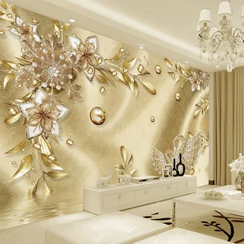 Tamanho Personalizado Mural De Parede Estilo Europeu De Luxo Flor Dourada Jóias Fresco Sala De Estar De Plano De Fundo De Parede De Decoração De Casa De Murais