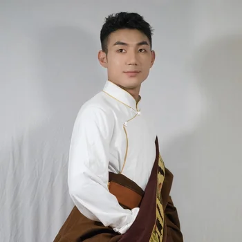 Tibetano Roupas para Homens de Algodão Camisa de Linho Homens de pé de Gola Mangas compridas Solta Chinês Traditionnel Retro Tops Tibetain
