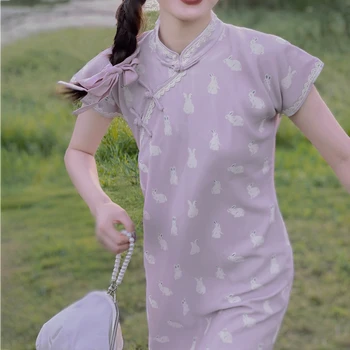 Verão a Luz Púrpura Coelho Bonito de Impressão Moderna Qipao Tempo Total das Mulheres-Abertura frontal Chinês Autêntico Estilo Nacional Cheongsam