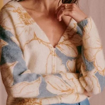 VII 2023 Marca S Outono de Vestuário feminino com decote em V Mohair estampa Floral Feminino Knitwears Suéter Frete Grátis Oferece