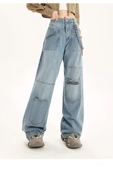 Vintage Azul Largas e de Cintura Alta Jeans Y2K Estético Mulheres Oversize coreano Moda Streetwear de Perna Larga Bolso ZipperDenim Calças