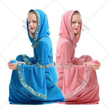 Vintage Corte Medieval Com Capuz Vestido De Crianças Meninas Cosplay Fantasia Roupas Cor-De-Rosa Túnica Azul Assistente De Renascimento Do Traje De Halloween