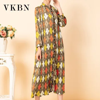 VKBN Vestido de Verão das Mulheres Casual Geométricas Impressão de Tecido Ruched Único Breasted Luva Cheia de Festa Elegante Vestido Maxi Moda