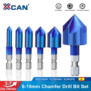 XCAN 5 Flautas Broca Conjunto de Bits de 6pcs 6-19mm 90 Graus HSS Chanframento Cortador Nano Azul Revestido Escareador Broca