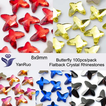 YanRuo 100pcs 8x9mm Rivoli Borboleta Multicor Vidro de Cristal Glitter Flatback 3D Acessórios de Strass Arte do Prego Decorações