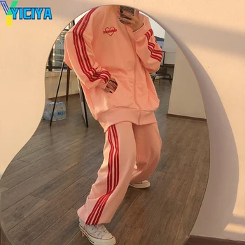 YICIYA duas peças de Conjunto de Mulheres de Treino de Terno cor-de-Rosa calças Listradas Casual de inverno Solta Moda Camisola Zíper da Jaqueta Para Fitness